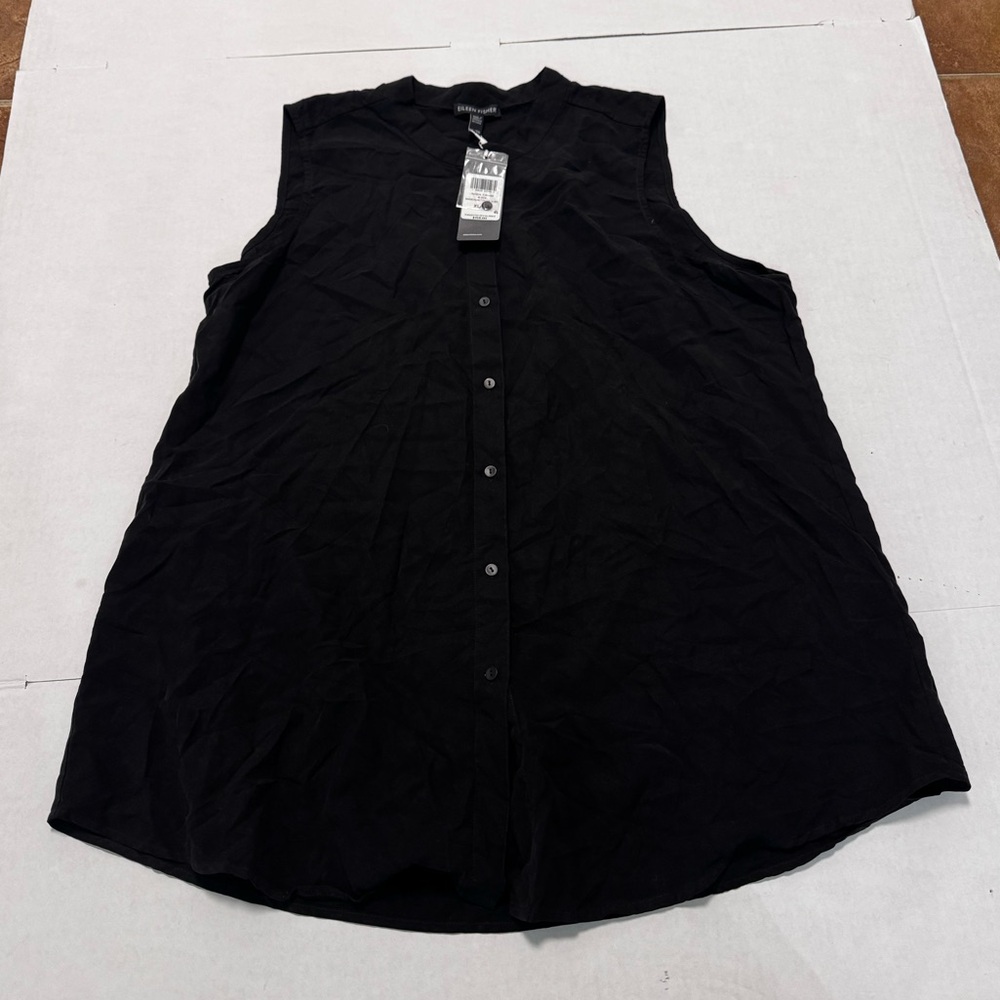 Eileen Fisher Sleeveless Blouse Black Buttons Luxury Sz XL New with tags